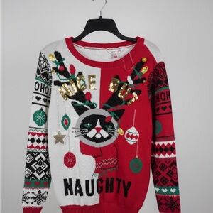 No Boundaries Festive Cat Sweater - Red, White, Black, Green, Gold